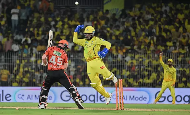 Chennai Super Kings' wicketkeeper Sanju Samson celebrates after stumping Sunrisers Hyderabad's Heinrich Klaasen during the Indian Premier League cricket match between Chennai Super Kings' and Sunrisers Hyderabad in Chennai, India, Monday, May 18, 2026. (AP Photo)