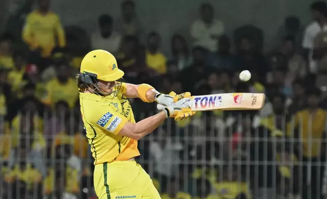 Chennai Super Kings' Dewald Brevis plays a shot during the Indian Premier League cricket match between Chennai Super Kings' and Sunrisers Hyderabad in Chennai, India, Monday, May 18, 2026. (AP Photo)