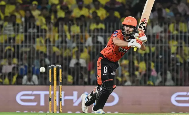 Sunrisers Hyderabad's Ishan Kishan plays a shot during the Indian Premier League cricket match between Chennai Super Kings' and Sunrisers Hyderabad in Chennai, India, Monday, May 18, 2026. (AP Photo)