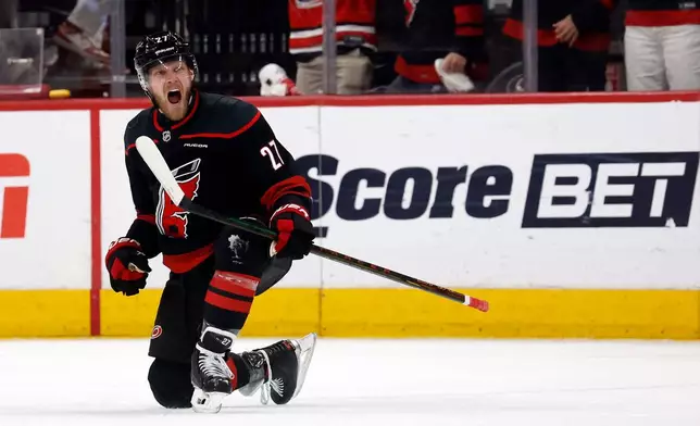 Carolina Hurricanes' Nikolaj Ehlers celebrates after his goal during the first period of Game 2 of an NHL hockey Stanley Cup second-round playoff series against the Philadelphia Flyers in Raleigh, N.C., Monday, May 4, 2026. (AP Photo/Karl DeBlaker)
