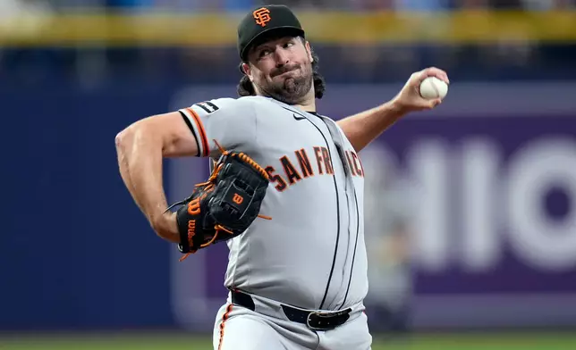 San Francisco Giants pitcher Robbie Ray delivers to the Tampa Bay Rays during the first inning of a baseball game Friday, May 1, 2026, in St. Petersburg, Fla. (AP Photo/Chris O'Meara)