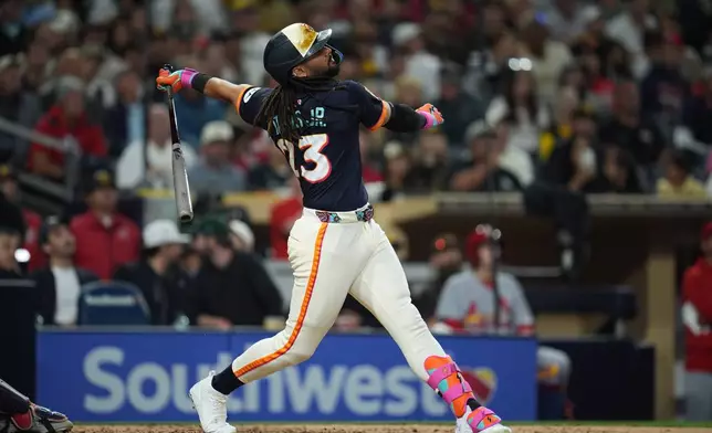 San Diego Padres' Fernando Tatis Jr. reacts after flying out during the seventh inning of a baseball game against the St. Louis Cardinals Friday, May 8, 2026, in San Diego. (AP Photo/Gregory Bull)