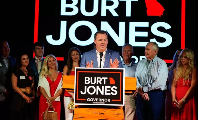 Georgia gubernatorial candidate Burt Jones speaks during a primary election night watch party, Tuesday, May 19, 2026, in Jackson, Ga. (AP Photo/Mike Stewart)