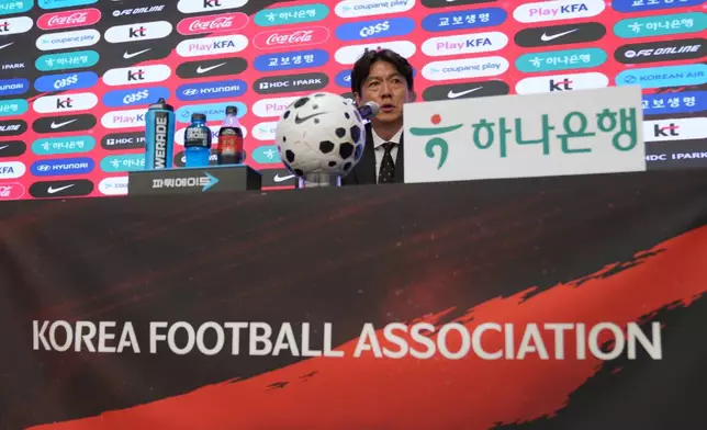 South Korea's national soccer team head coach Hong Myung-bo speaks during a news conference announcing South Korea's squad for the 2026 FIFA World Cup in Seoul, South Korea, Saturday, May 16, 2026. (AP Photo/Lee Jin-man)