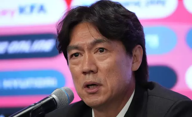 South Korea's national soccer team head coach Hong Myung-bo speaks during a news conference announcing South Korea's squad for the 2026 FIFA World Cup in Seoul, South Korea, Saturday, May 16, 2026. (AP Photo/Lee Jin-man)