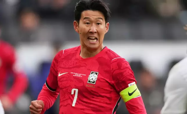 FILE -South Korea's Son Heung-min goes for the ball during the international friendly soccer match between South Korea and Ivory Coast in Milton Keynes, England, Saturday, March 28, 2026. (AP Photo/Dave Shopland, File)