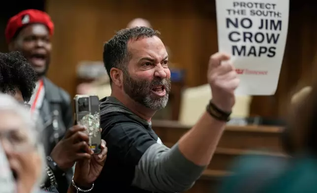 Mike Croley yells at lawmakers in a Senate committee meeting during a special session of the state legislature to redraw U.S. Congressional voting maps Wednesday, May 6, 2026, in Nashville, Tenn. (AP Photo/George Walker IV)