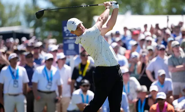 Rory McIlroy, of Northern Ireland, hits from the 16th tee during the third round of the PGA Championship golf tournament at Aronimink Golf Club, Saturday, May 16, 2026, in Newtown Square, PA. (AP Photo/Frank Franklin II)
