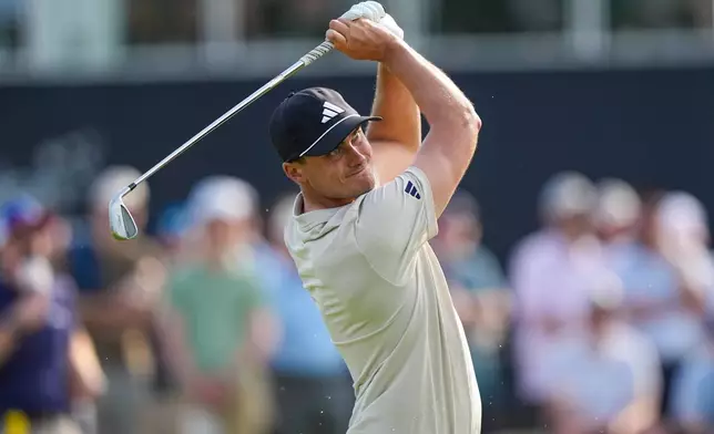 Ludvig Åberg, of Sweden, hits from the 17th tee during the third round of the PGA Championship golf tournament at Aronimink Golf Club, Saturday, May 16, 2026, in Newtown Square, PA. (AP Photo/Matt Slocum)