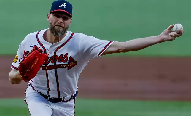 Atlanta Braves pitcher Chris Sale delivers to a Chicago Cubs batter during the first inning of a baseball game, Thursday, May 14, 2026, in Atlanta. (AP Photo/Erik S. Lesser)