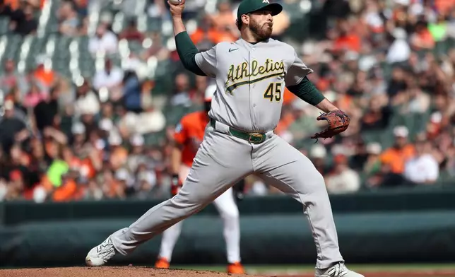 Athletics pitcher Aaron Civale throws during the first inning of a baseball game against the Baltimore Orioles, Saturday, May 9, 2026, in Baltimore. (AP Photo/Daniel Kucin Jr.)