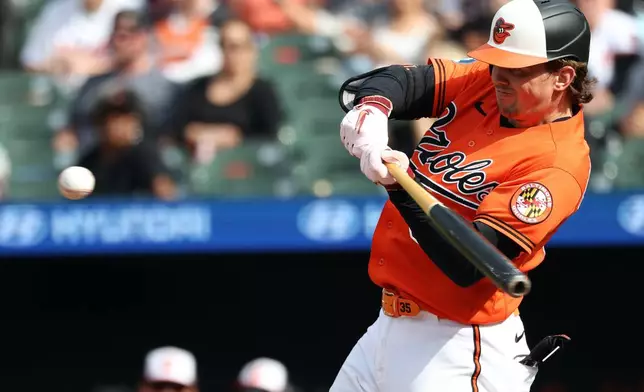 Baltimore Orioles' Adley Rutschman hits a double during the first inning of a baseball game against the Athletics, Saturday, May 9, 2026, in Baltimore. (AP Photo/Daniel Kucin Jr.)