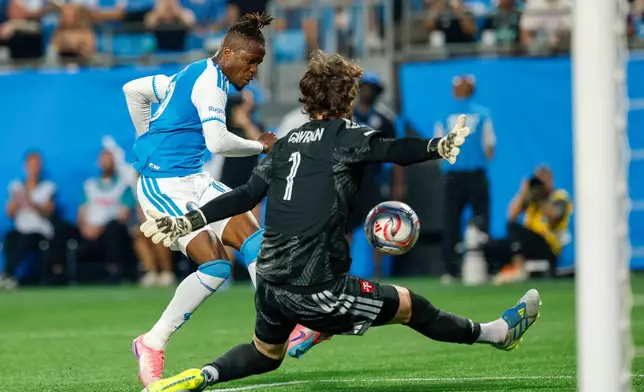 Toronto FC goalkeeper Luka Gavran (1) blocks a shot by Charlotte FC forward Wilfried Zaha, left, during the first half of an MLS soccer match in Charlotte, N.C., Saturday, May 16, 2026. (AP Photo/Nell Redmond)