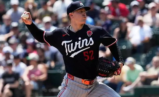 Minnesota Twins starting pitcher Zebby Matthews throws against the Chicago White Sox during the first inning of a baseball game in Chicago, Monday, May 25, 2026. (AP Photo/Nam Y. Huh)