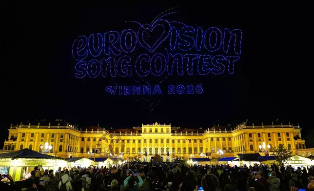 3000 drones depicts the logo sign in preparation for the upcoming Eurovision Song Contest in front of castle Schonbrunn in Vienna, Austria, Monday, April 27, 2026. (AP Photo/Matthias Schrader)