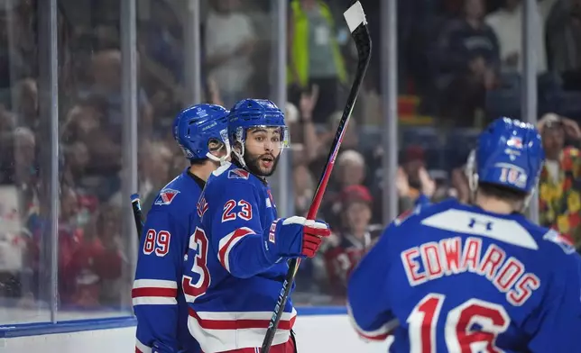 Kitchener Rangers' Sam O'Reilly (23) celebrates his goal during the second period of a Memorial Cup hockey game against the Chicoutimi Sagueneens, in Kelowna, B.C., on Tuesday, May 26, 2026. (Darryl Dyck/The Canadian Press via AP)