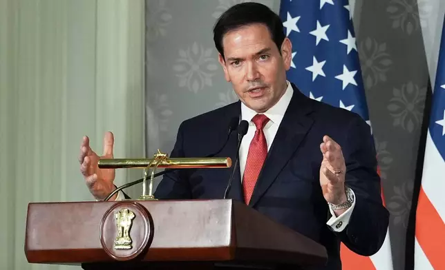 United States Secretary of State Marco Rubio speaks at a joint presser with India's Minister of External Affairs S. Jaishankar, unseen, following their talks in New Delhi, India, Sunday, May 24, 2026. (AP Photo/Julia Demaree Nikhinson, Pool)