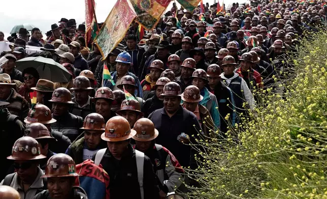 FILE - Bolivian Workers' Union members march to protest fuel subsidy cuts in El Alto, Bolivia, Jan. 5, 2026. (AP Photo/Freddy Barragan, File)