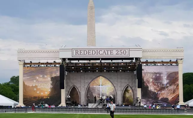 The stage is seen ahead of Rededicate 250, a mostly conservative Christian prayer gathering in honor of the United States' 250th anniversary, on the National Mall, Sunday, May 17, 2026, in Washington. (AP Photo/Julia Demaree Nikhinson)
