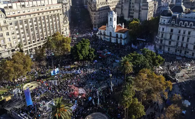 Laborers protest during a May Day demonstration in Buenos Aires, Argentina, Thursday, April 30, 2026. (AP Photo/Rodrigo Abd)