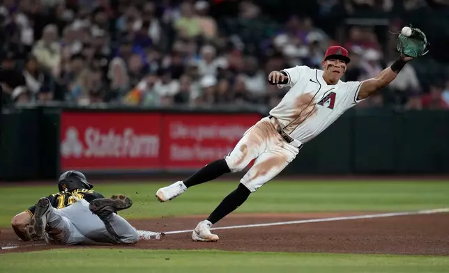 Arizona Diamondbacks third baseman Jose Fernandez, right, jumps after a wide pickoff throw as Pittsburgh Pirates' Bryan Reynolds, left, dives safely back to third base during the fifth inning of a baseball game, Thursday, May 7, 2026, in Phoenix. (AP Photo/Ross D. Franklin)