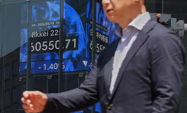 A person walks in front of an electronic board at a business building showing Japan's Nikkei index, Monday, May 18, 2026, in Tokyo. (AP Photo/Eugene Hoshiko)