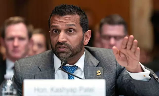 FBI director Kash Patel testifies before the Senate Subcommittee on Commerce, Justice, Science, and Related Agencies hearing on Fiscal Year 2027 Budget Request for the FBI, the Drug Enforcement Administration; the United States Marshals Service and the Bureau of Alcohol, Tobacco, Firearms and Explosives on Capitol Hill, Tuesday, May 12, 2026, in Washington. (AP Photo/Jose Luis Magana)