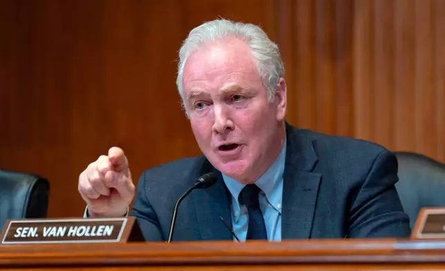 Sen. Chris Van Hollen, D-Md., speaks during the Senate Subcommittee on Commerce, Justice, Science, and Related Agencies hearing on Fiscal Year 2027 Budget Request for the FBI, the Drug Enforcement Administration; the United States Marshals Service and the Bureau of Alcohol, Tobacco, Firearms and Explosives the on Capitol Hill, Tuesday May 12, 2026, in Washington. (AP Photo/Jose Luis Magana)