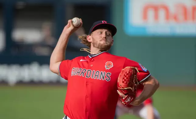 Cleveland Guardians starting pitcher Tanner Bibee delivers against the Washington Nationals during the first inning of a baseball game, Monday, May 25, 2026, in Cleveland. (AP Photo/Phil Long)