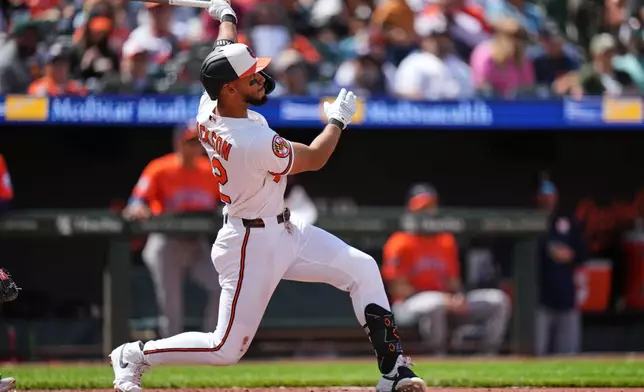 Baltimore Orioles' Jeremiah Jackson hits a grand slam during the seventh inning in the first baseball game of a doubleheader against the Houston Astros, Thursday, April 30, 2026, in Baltimore. (AP Photo/Stephanie Scarbrough)