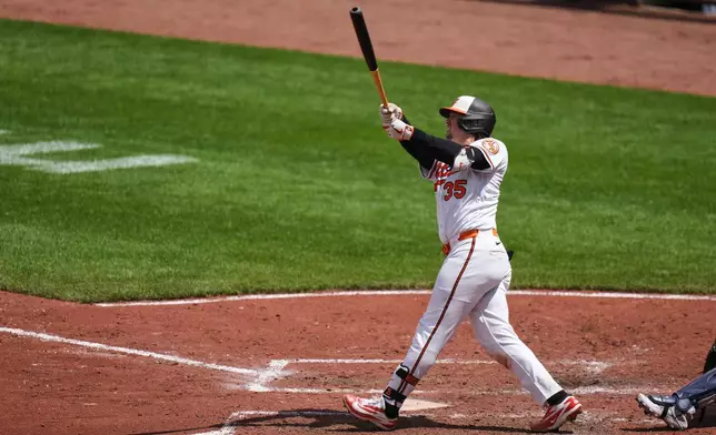 Baltimore Orioles' Adley Rutschman (35) hits a grand slam during the fifth inning in the first baseball game of a doubleheader against the Houston Astros, Thursday, April 30, 2026, in Baltimore. (AP Photo/Stephanie Scarbrough)