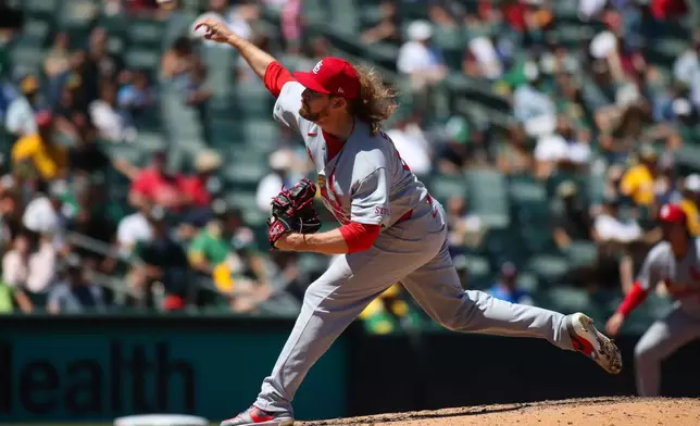 St. Louis Cardinals pitcher Ryne Stanek throws to a Athletics batter during the seventh inning of a baseball game, Thursday, May 14, 2026, in West Sacramento, Calif. (AP Photo/Scott Marshall)