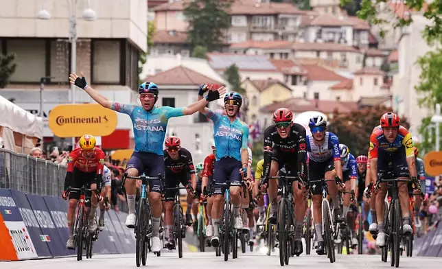 Uruguay's Guillermo Thomas Silva Coussan wins the second stage of the Giro d'Italia cycling race, from Burgas to Veliko Tarnovo, Bulgaria, Saturday, May 9, 2026. (Gian Mattia d'Alberto/LaPresse via AP)