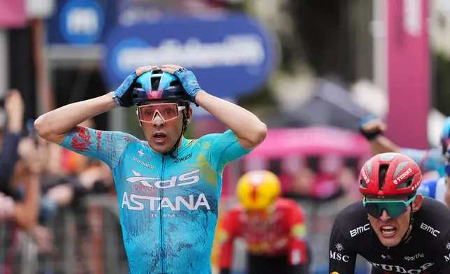 Uruguay's Guillermo Thomas Silva Coussan wins the second stage of the Giro d'Italia cycling race, from Burgas to Veliko Tarnovo, Bulgaria, Saturday, May 9, 2026. (Massimo Paolone/LaPresse via AP)