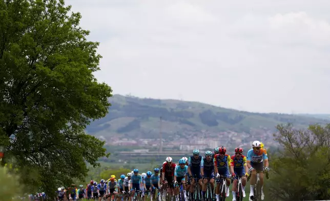 The pack rides during the second stage of the Giro d'Italia cycling race, from Burgas to Veliko Tarnovo, Bulgaria, Saturday, May 9, 2026. (Fabio Ferrari/LaPresse via AP)