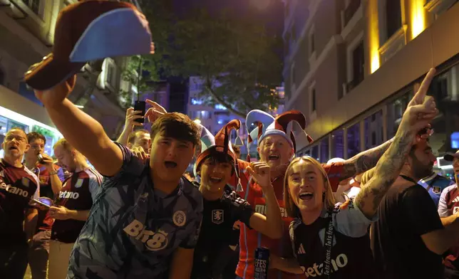 Aston Villa fans gather in the streets of Istanbul, Turkey, Tuesday, May 19, 2026, ahead of the Europa League final soccer match between Freiburg and Aston Villa. (AP Photo)