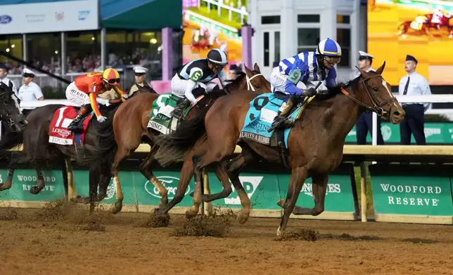Always a Runner (9) ridden by Jose L. Ortiz wins the 152nd running of the Kentucky Oaks horse race at Churchill Downs, Friday, May 1, 2026, in Louisville, Ky. (AP Photo/Jeff Roberson)