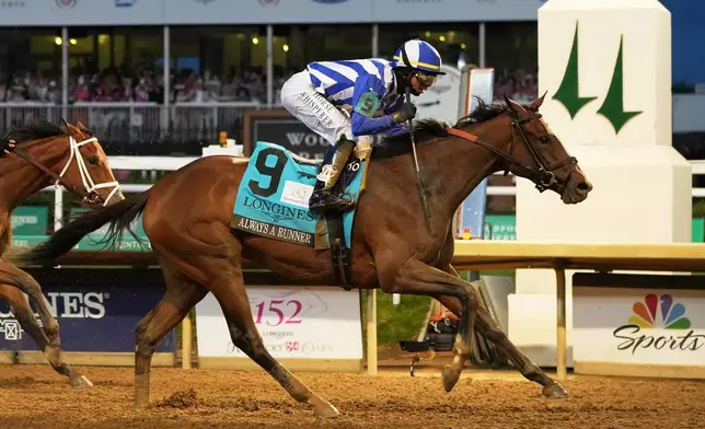 Always a Runner (9) ridden by Jose L. Ortiz wins the 152nd running of the Kentucky Oaks horse race at Churchill Downs, Friday, May 1, 2026, in Louisville, Ky. (AP Photo/Jeff Roberson)