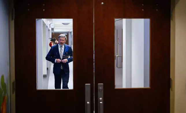 Rep. Thomas Massie, R-KY, exits the studio after a Kentucky Educational Television (KET) debate, Monday, May 4, 2026, in Lexington, Ky. (AP Photo/Jon Cherry)
