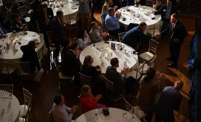 Republican congressional candidate for Kentucky, Ed Gallrein, addresses the audience after giving on stage remarks during the Kenton County Republican Party Lincoln Day Dinner, Thursday, April 30, 2026, in Covington, Ky. (AP Photo/Jon Cherry)