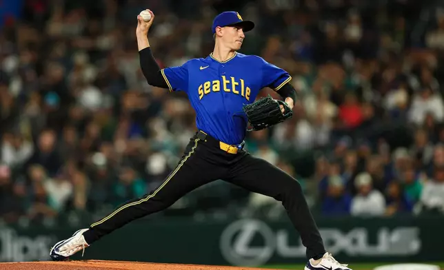 Seattle Mariners pitcher George Kirby throws against the Arizona Diamondbacks during the first inning of a baseball game Friday, May 29, 2026, in Seattle. (AP Photo/Caean Couto)