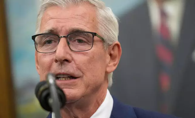 Kroger CEO Greg Foran speaks speaks during an event with President Donald Trump about loosening a federal refrigerant rule, in the Oval Office at the White House, Thursday, May 21, 2026, in Washington. (AP Photo/Jacquelyn Martin)