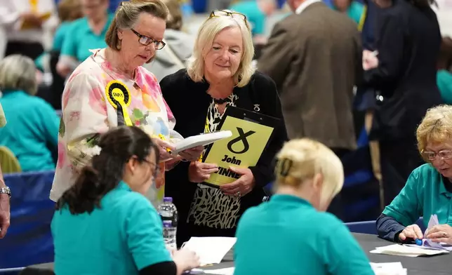 Observers from the Scottish National Party (SNP) watch as votes are counted for the 2026 Holyrood elections, at Dewars Centre in Perth, Scotland, Friday May 8, 2026. (Jane Barlow/PA via AP)