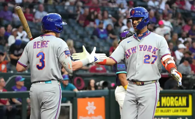 New York Mets' Mark Vientos (27) celebrates with Carson Benge (3) after hitting a solo home run against the Arizona Diamondbacks in the second inning of a baseball game, Friday, May 8, 2026, in Phoenix. (AP Photo/Rick Scuteri)