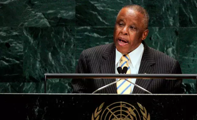 FILE - President of the Republic of Botswana Festus Mogae addresses the 62nd session of the United Nations General Assembly, Sept. 26, 2007, at the U.N. headquarters. (AP Photo/Ed Betz, File)