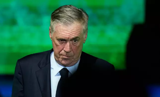 Coach Carlo Ancelotti arrives to announce Brazil's squad for the 2026 FIFA World Cup in Rio de Janeiro, Monday, May 18, 2026. (AP Photo/Silvia Izquierdo)