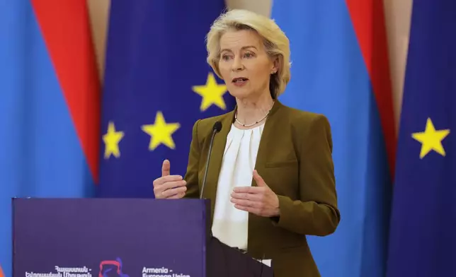European Commission President Ursula von der Leyen addresses a media conference during the EU-Armenia summit at the Presidential Palace in Yerevan, Armenia, Tuesday, May 5, 2026. (AP Photo/Anthony Pizzoferrato)
