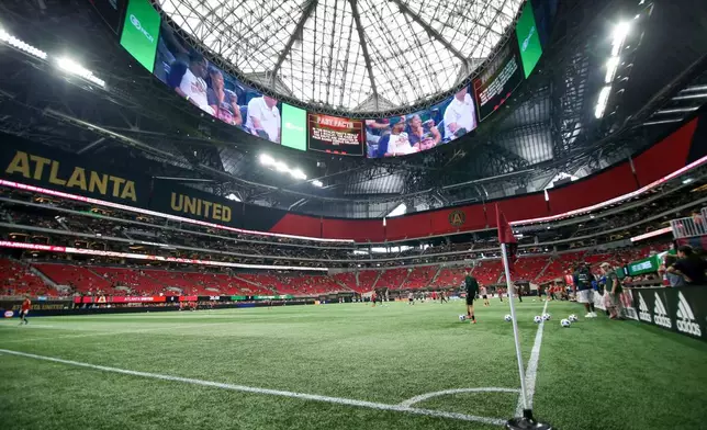FILE - General view of Mercedes-Benz Stadium before an MLS soccer match between Atlanta United and the Portland Timbers Sunday, June 24, 2018, in Atlanta, Ga. (AP Photo/Brett Davis, File)