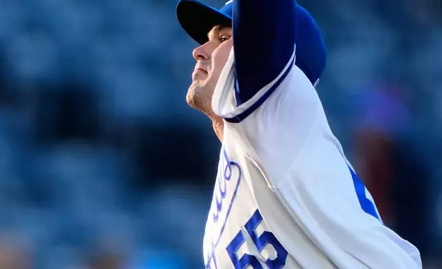 Kansas City Royals starting pitcher Cole Ragans throws during the second inning of a baseball game against the Cleveland Guardians, Wednesday, May 6, 2026, in Kansas City, Mo. (AP Photo/Charlie Riedel)