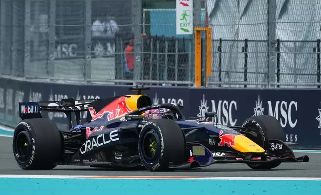 Red Bull driver Max Verstappen of the Netherlands steers his car during the Miami Formula One Grand Prix auto race, Sunday, May 3, 2026, in Miami Gardens, Fla. (AP Photo/Marta Lavandier)